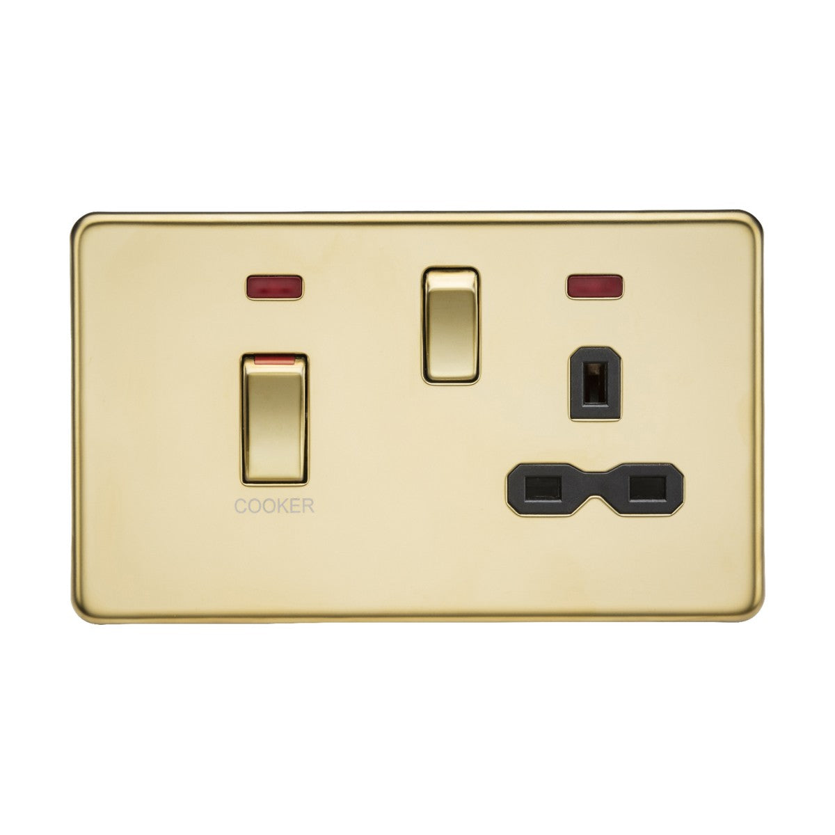 This polished brass panel, referred to as the "45A DP Switch & 13A Socket Neons," is equipped with a 45A switch suitable for controlling cooker units and includes a three-pin socket outlet. It also features red indicator lights for added convenience and comes with a sleek black insert in its screwless design.