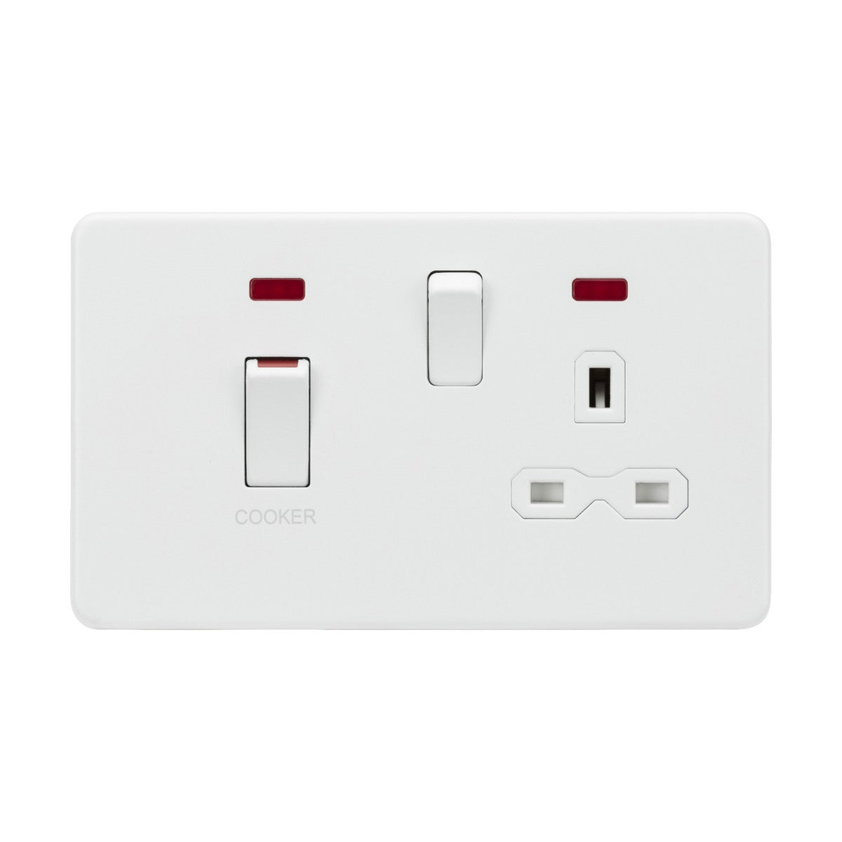 The 45A DP Switch & 13A Socket Neons - Matt White (White Insert) offers a straightforward and efficient design. It includes a 45A switch with red indicator lights and is labeled "Cooker" on the left, along with a 13A socket for additional functionality on the right.