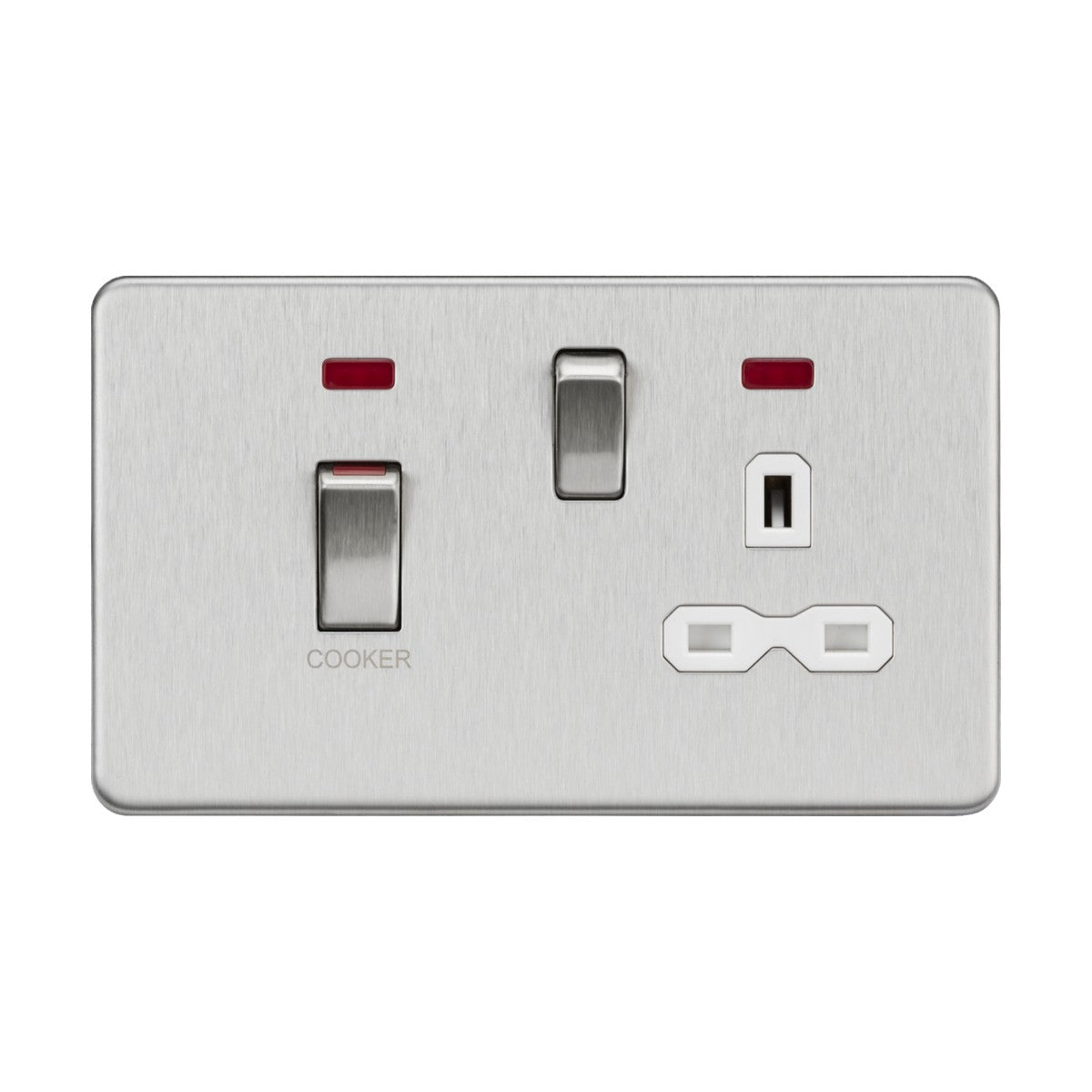 The 45A DP Switch & 13A Socket Neons in brushed chrome features a sleek design with a switch labeled "Cooker" for electrical wall sockets, along with one socket outlet. Above the switch are two red indicator lights, enhancing its modern cooker control unit appearance.