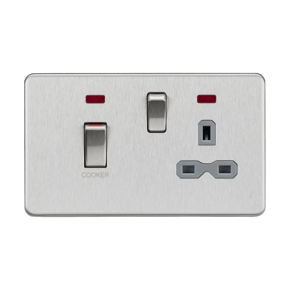 The 45A DP switch and 13A socket with neons in brushed chrome offers a sophisticated design with a grey insert and screwless faceplate. The unit includes a 45A switch labeled "Cooker," which features two red indicator lights and is conveniently placed next to a single plug socket on the right, seamlessly combining style and practicality for your kitchen needs.