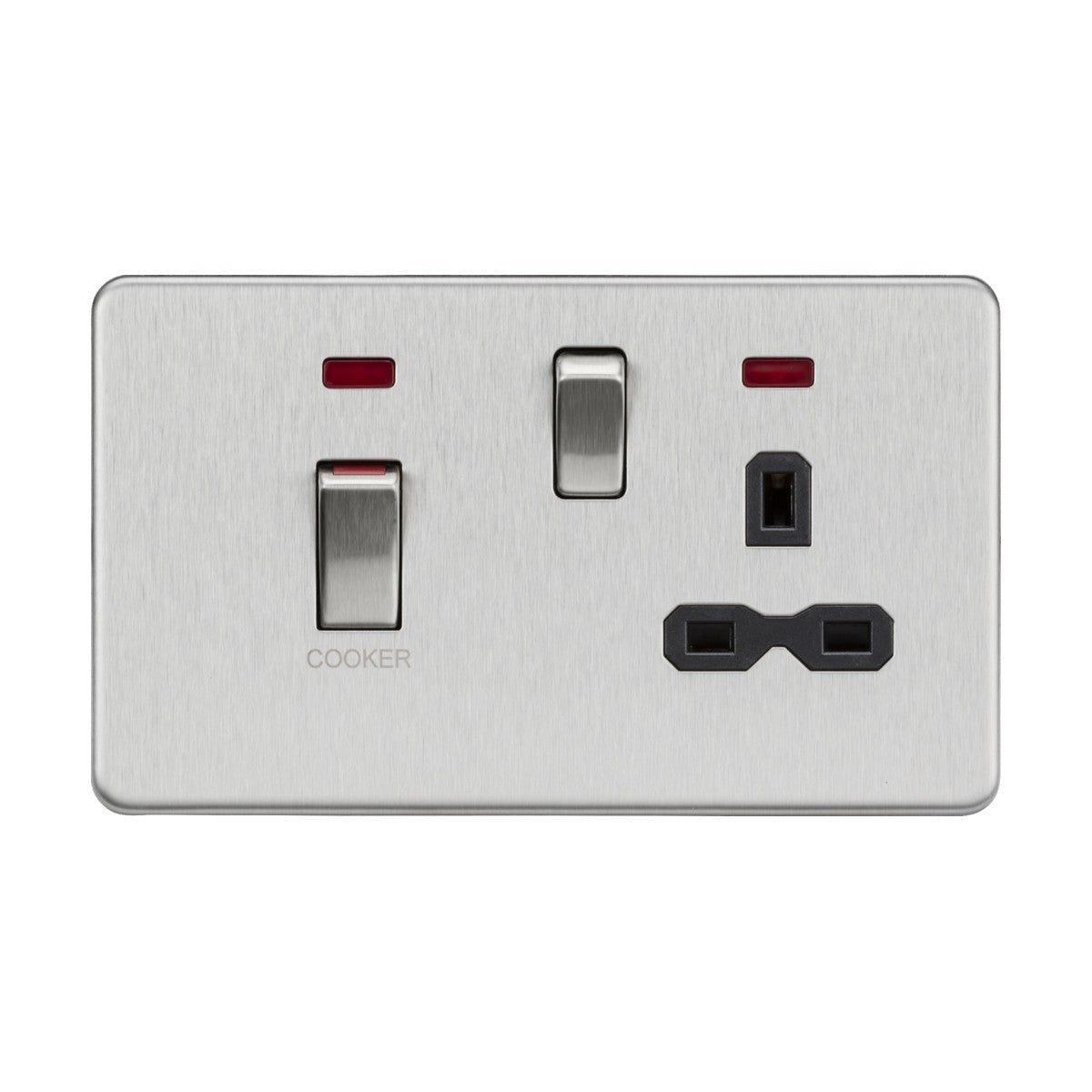 The 45A DP Switch & 13A Socket Neons in brushed chrome with a black insert and screwless design features a double pole switch for enhanced safety, labeled COOKER. It includes an additional switch with red indicators above both switches and a single socket outlet in the standard UK configuration, making it perfect for cooker control units.