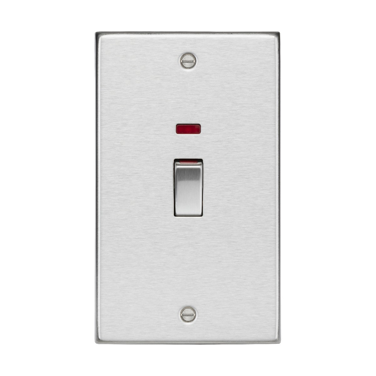 The 45A DP Switch Neon (2 Gang Size) - Brushed Chrome (Square Edge) is installed on a metal plate and includes a red indicator light. Similar to cooker control units, it has a 45A double pole configuration. The switch is turned on, with two visible screws securing the plate at the top and bottom.