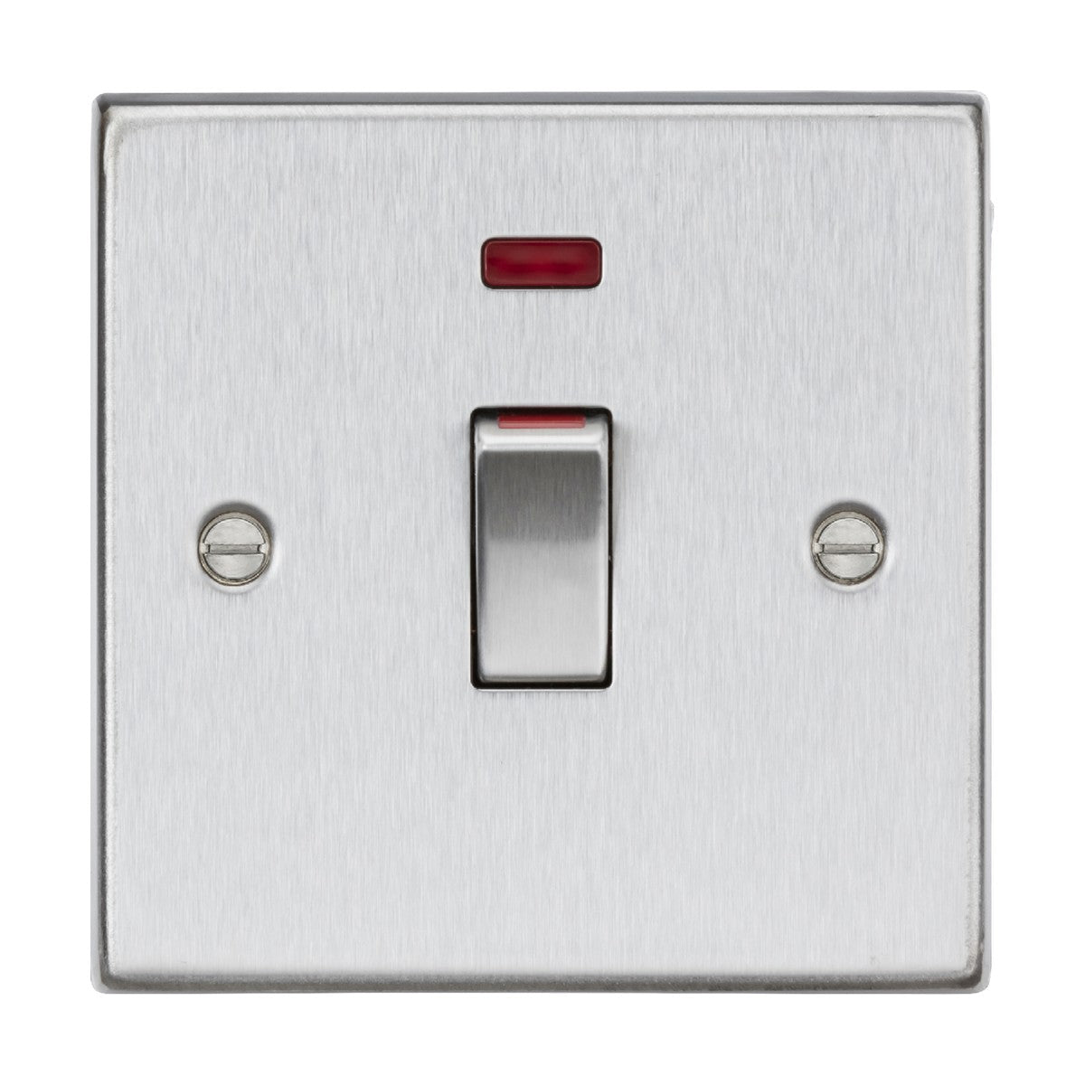 A 45A DP switch in a brushed chrome finish featuring a red neon indicator, constructed from premium-grade steel. The switch is designed with one gang size and is positioned on a square-edge plate secured by two screws.