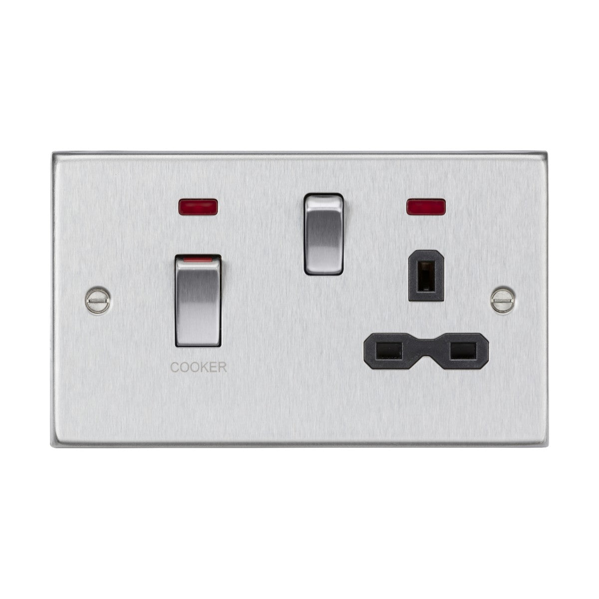 The 45A DP Switch & 13A Socket Neons in a brushed chrome finish with a black insert and square edge design includes a double pole switch and a three-pin plug outlet. The left switch, which is part of the cooker control unit, is labeled COOKER, and features two small red indicator lights above each switch for enhanced visibility.