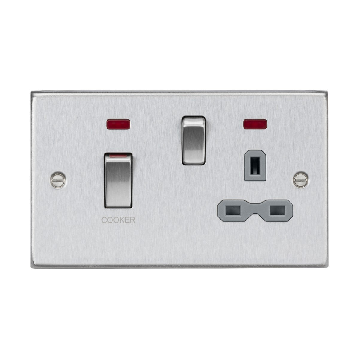 The 45A DP Switch & 13A Neon Socket in brushed chrome with a grey insert includes a standard three-pin power outlet and a labeled COOKER switch, each with red indicator lights. This stylish design elevates the functionality typical of quality cooker control units.