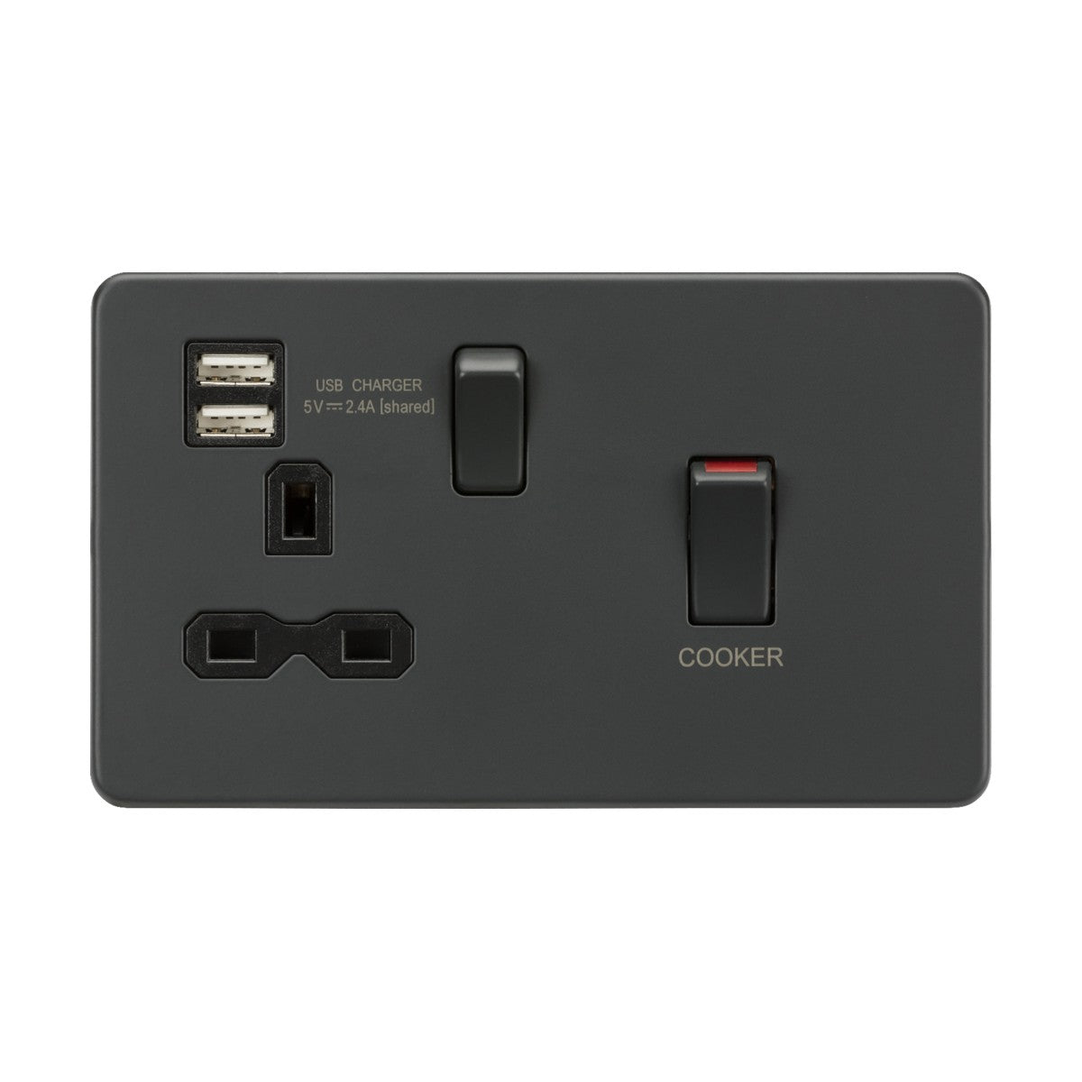 45A DP Switch & 13A Socket with Dual USB A+A (5V DC 2.4A shared) - Anthracite with Black Insert