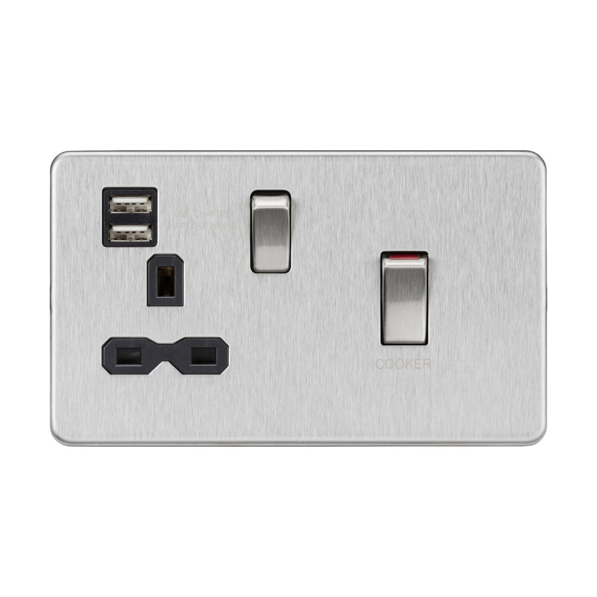 45A DP Switch & 13A Socket with Dual USB A+A (5V DC 2.4A shared) - Brushed Chrome with Black Insert