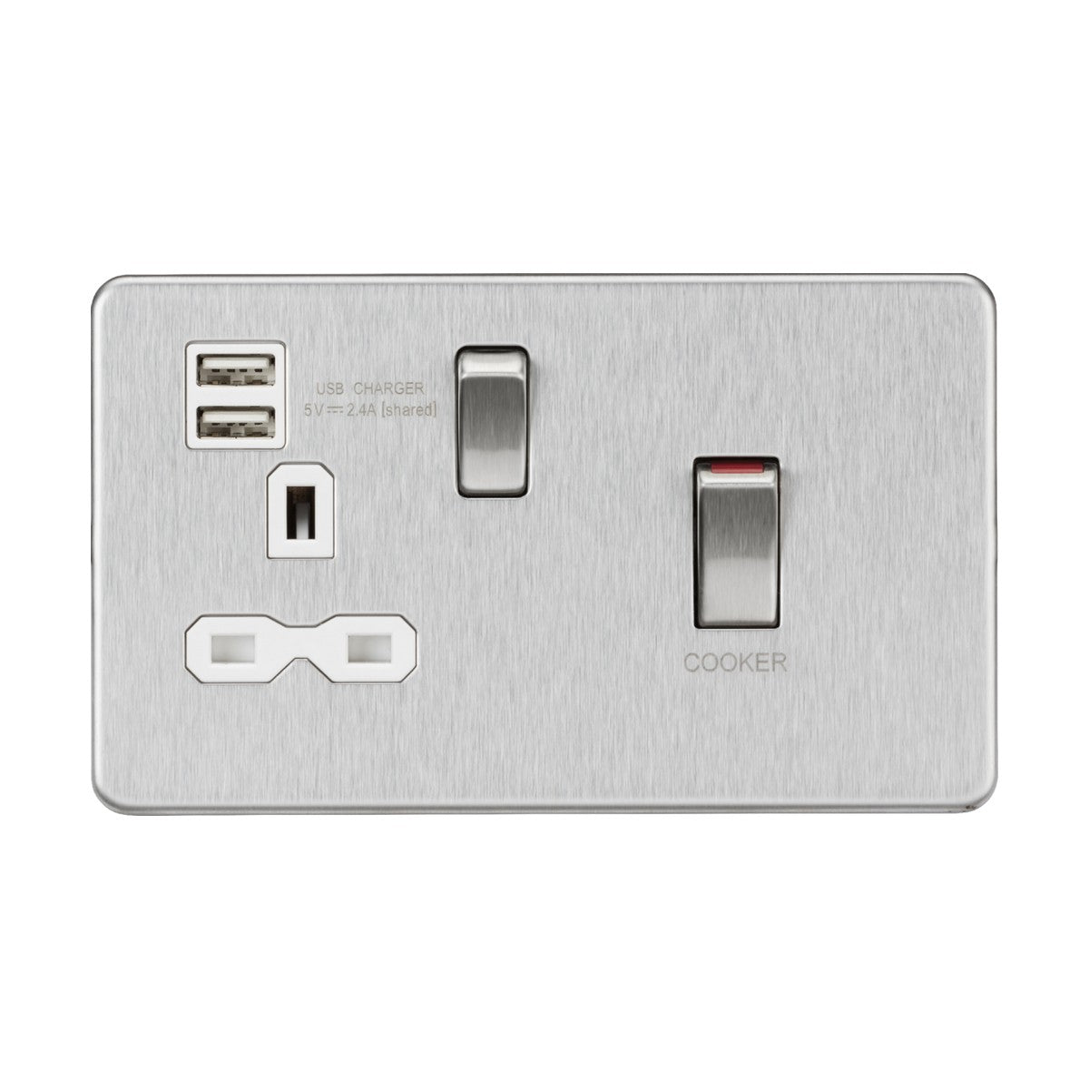 45A DP Switch & 13A Socket with Dual USB A+A (5V DC 2.4A shared) - Brushed Chrome with White Insert