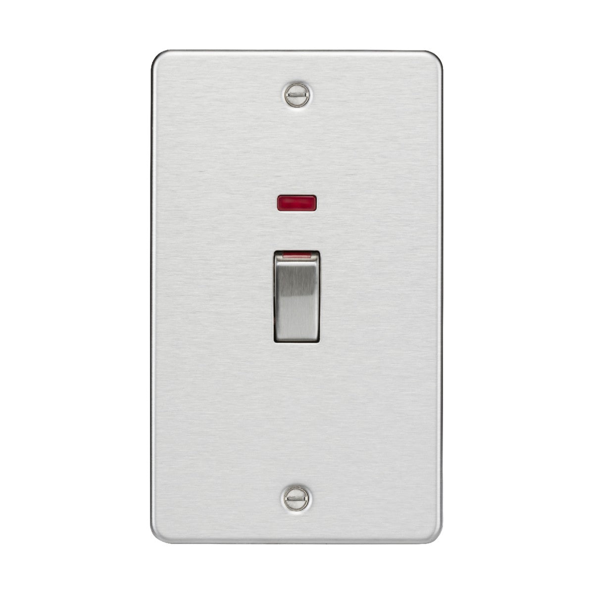 A 45A DP Switch Neon (2 Gang Size) in brushed chrome with a flat plate is mounted on the wall, featuring a red indicator light. The switch has two visible screws at the top and bottom, similar to those seen on cooker control units.