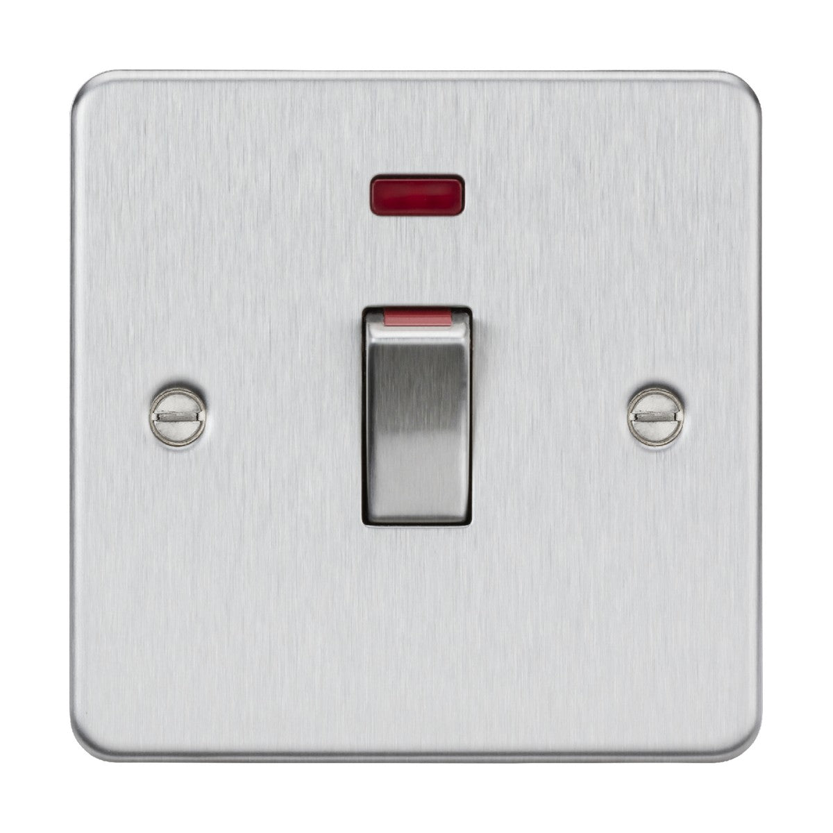 A 45A DP switch neon with a brushed chrome flat plate finish, featuring a red indicator light above. The 1 gang size switch is surrounded by two visible screws on each side.