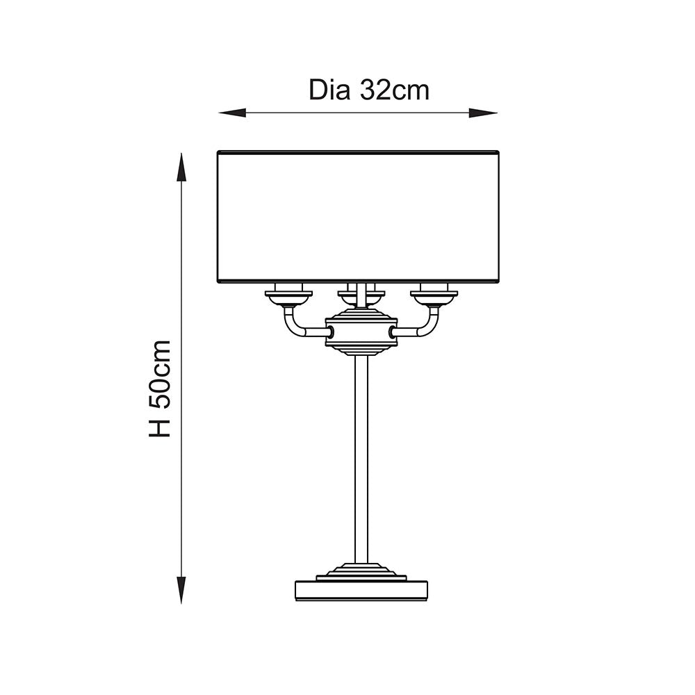 Line drawing of the brass Brenley 3 Light Table Lamp with rectangular fabric shade, three-arm metal frame and stem base, Dia 32cm x H 50cm.