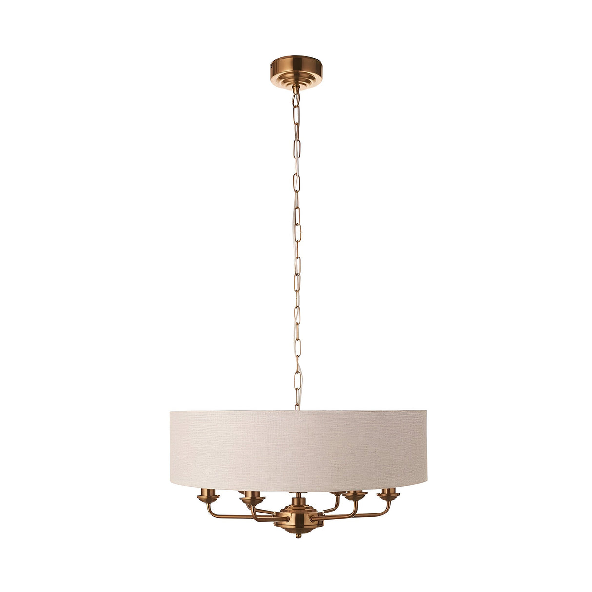 Endon Brenley 6 light pendant with a large natural linen drum shade on vintage brass metalwork and chain suspension, shown on a white background.
