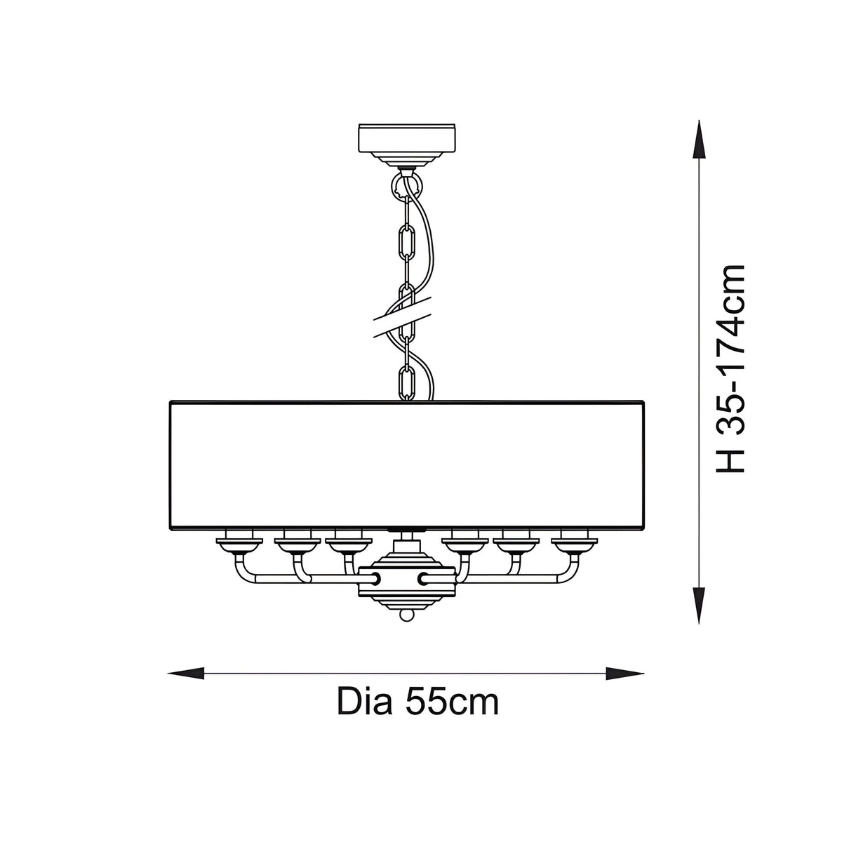 Endon Brenley 6 light pendant dimensions diagram showing 55cm diameter shade and adjustable 35-174cm height with chain suspension.