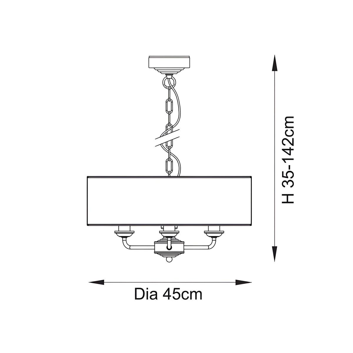 Technical line drawing of the Brenley 3-Light Pendant with a rectangular fabric shade, vintage brass metalwork, chain suspension, and adjustable dimensions.