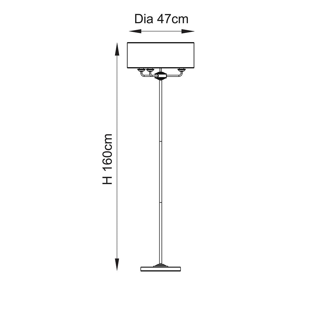 Dimension diagram of the Endon Brenley 3 Light Floor Lamp showing 160cm height and 47cm shade diameter on a plain white background.