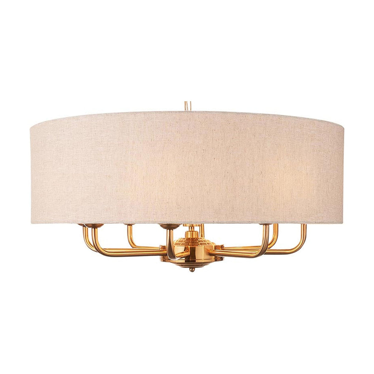 Endon Brenley pendant light with a wide natural linen drum shade and vintage brass arms holding eight E14 lamp holders, shown on a white background.