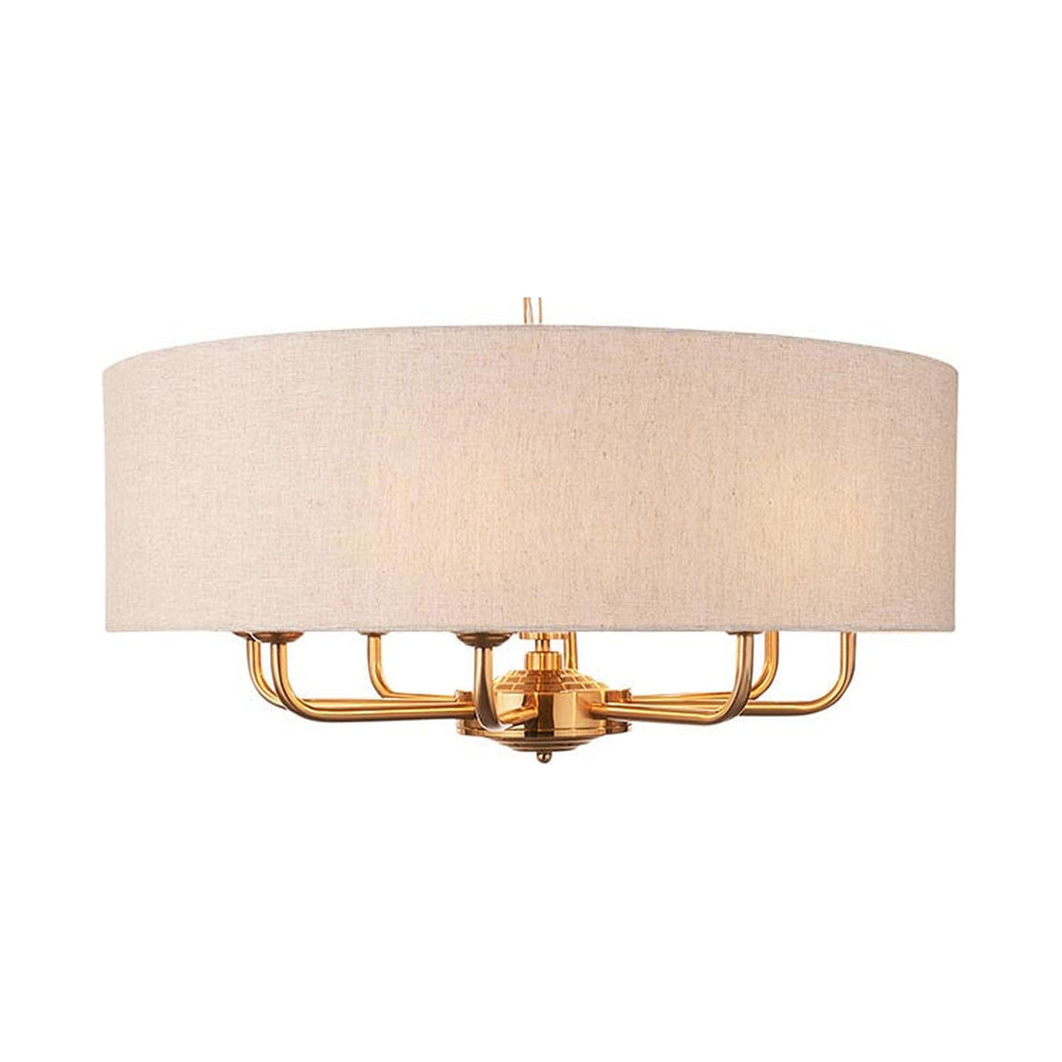 Endon Brenley pendant light with a wide natural linen drum shade and vintage brass frame holding six visible E14 arms, on a white background.