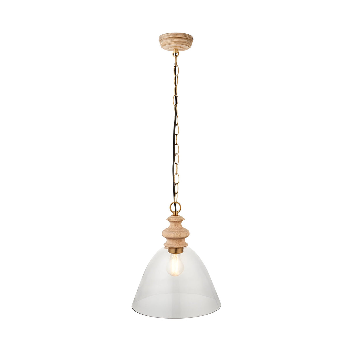 Bevwick single-light pendant with clear flared glass shade, turned natural ash wood top, and brushed brass chain and ceiling cover, on a plain white background.