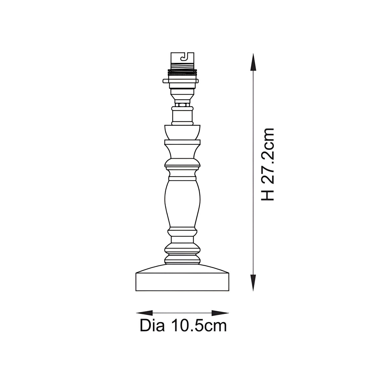Dimensions diagram of the Endon Aldworth table lamp showing a turned wood spindle base measuring 27.2cm high with a 10.5cm diameter.