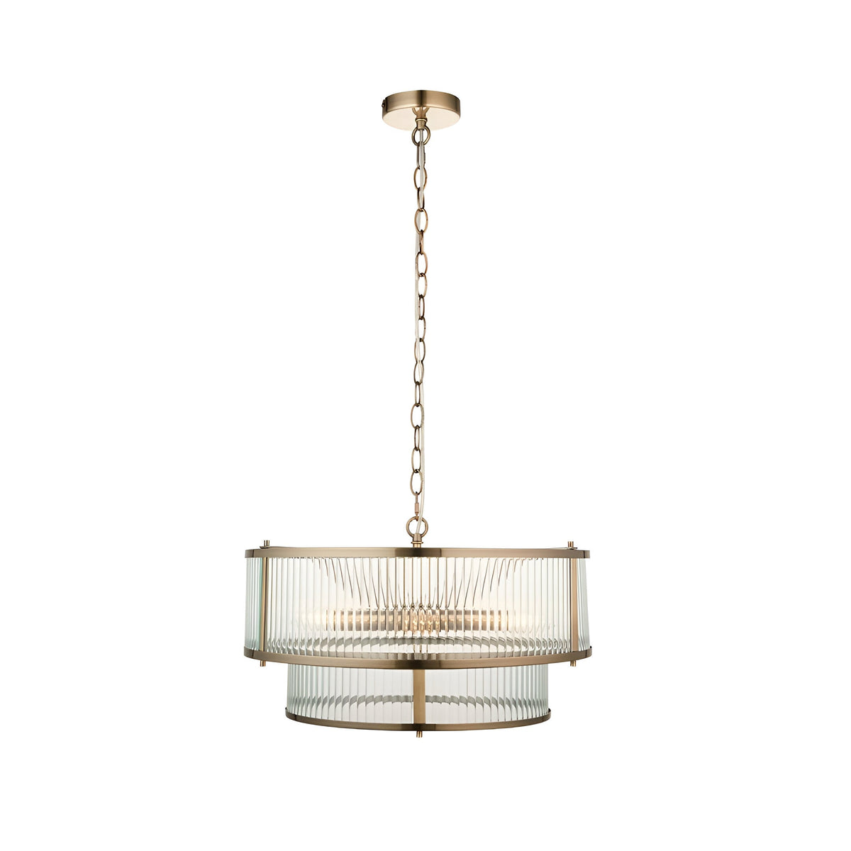 Endon Rothbury 5 light pendant in antique brass with two tiers of clear ribbed glass panel shades and chain suspension, on a white background.