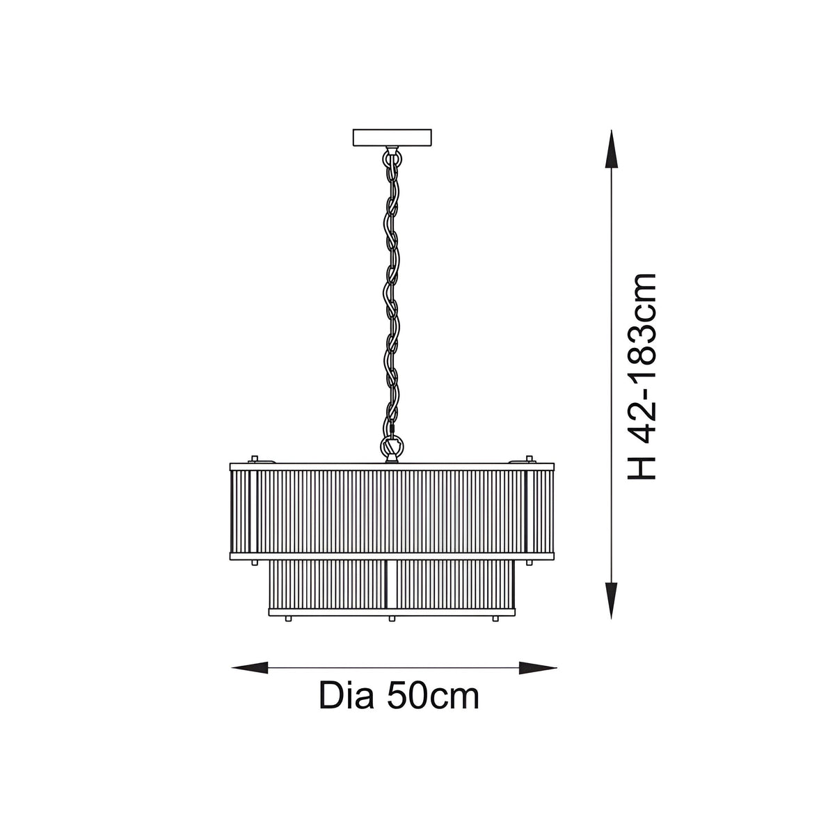 Dimension diagram of the Endon Rothbury 5 light pendant showing 50cm diameter and adjustable height of 42 to 183cm.