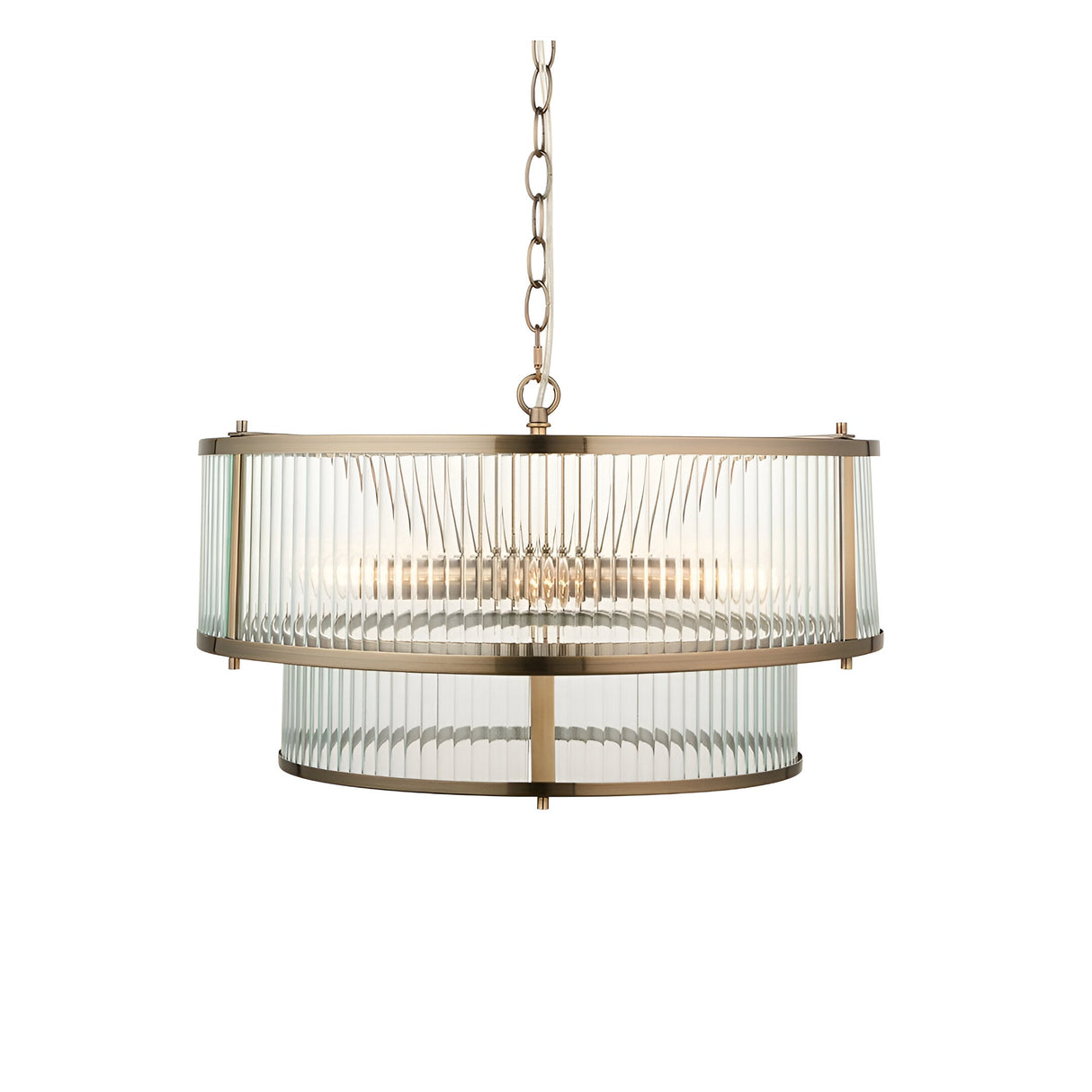 Endon Rothbury 5 light pendant in antique brass with two tiers of clear ribbed glass panel shades, suspended from a chain on a white background.
