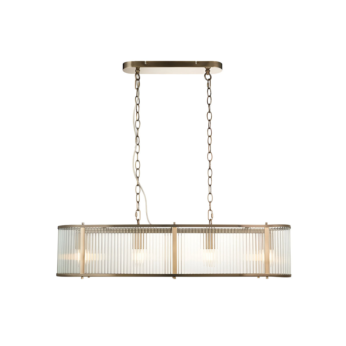 Rothbury 4 light linear pendant with ribbed glass shades in an antique brass frame, suspended from twin chains on a white background.