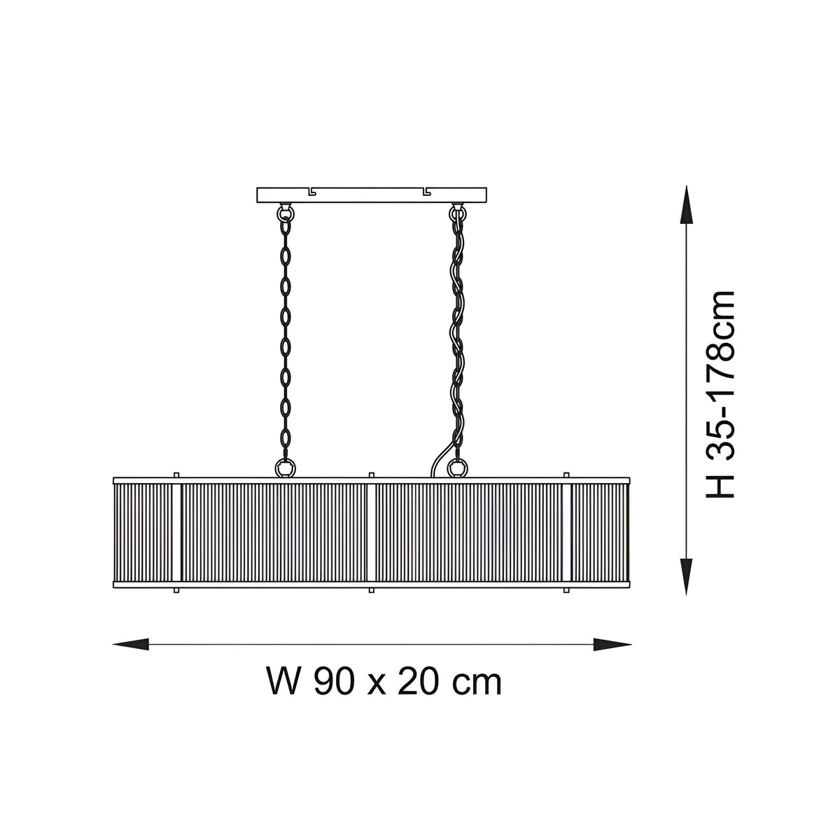 Line drawing of the Rothbury 4 Light Linear Pendant in antique brass with ribbed glass panels, twin chains, ceiling plate, W90x20cm, H35-178cm.