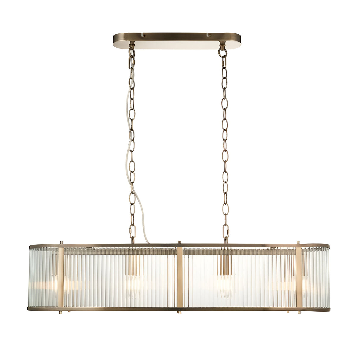 Rothbury 4-light linear pendant in antique brass with clear ribbed glass shades, hung by twin chains from a rectangular ceiling plate.
