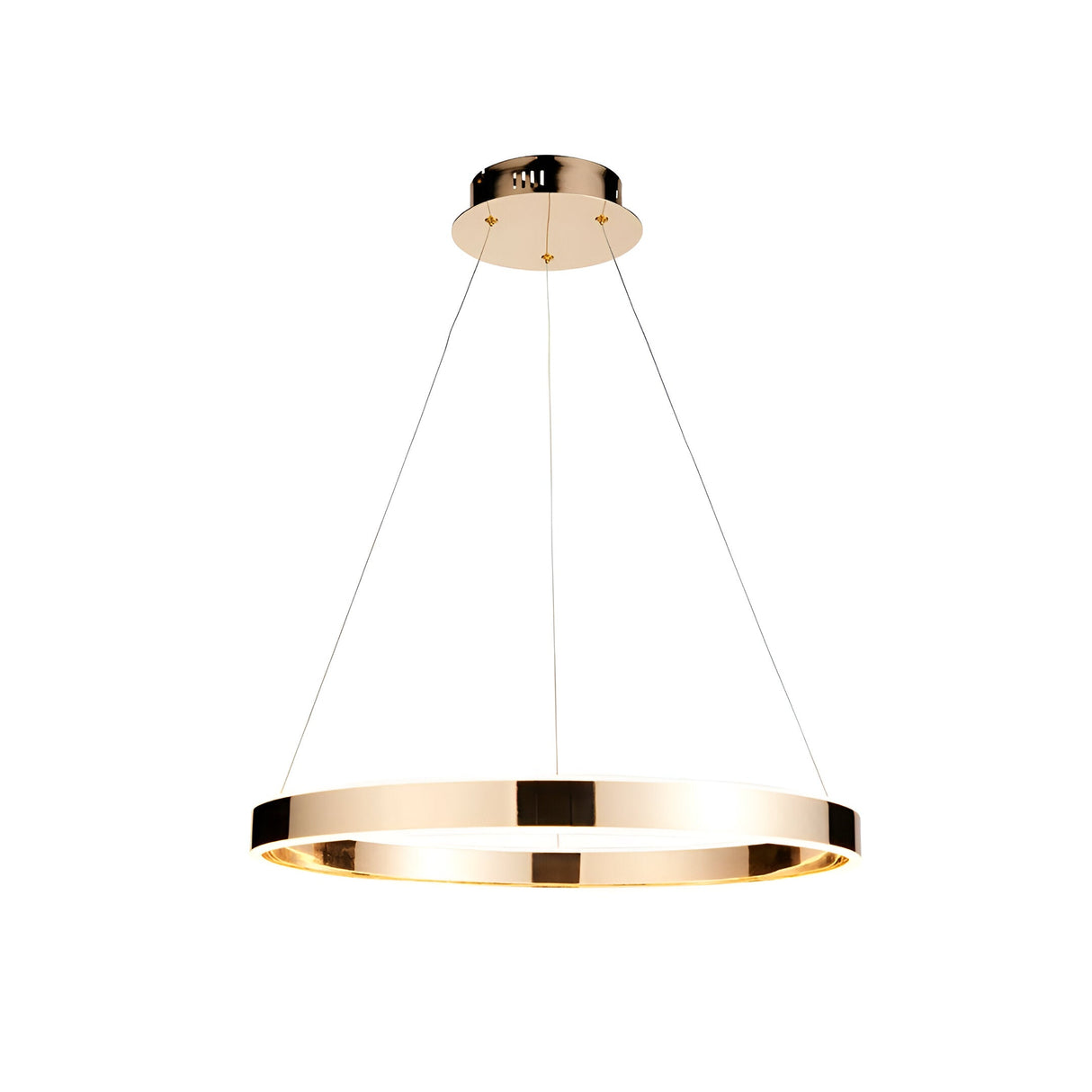 Endon Bramford LED pendant light with a slim gold ring diffuser suspended by fine wires from a round ceiling plate, shown on a white background.