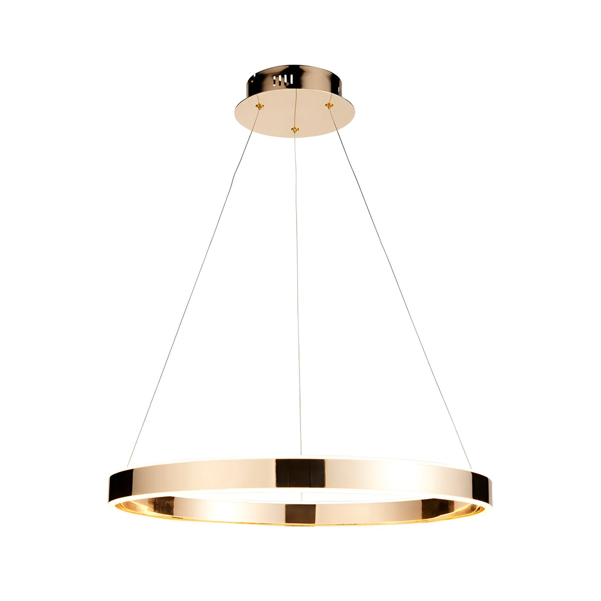 Endon Bramford LED pendant light in French gold with a slim horizontal ring and frosted diffuser, suspended by fine wire cables on a plain background.