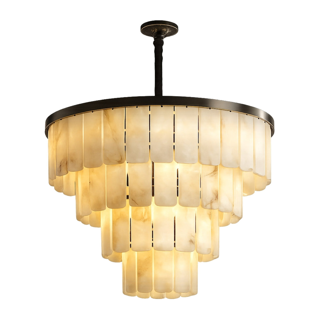 The Auravel 48 Light Extra Large Tiered Alabaster Chandelier features multiple layers of soft white alabaster panels on a matte black frame, casting a warm, diffused glow.