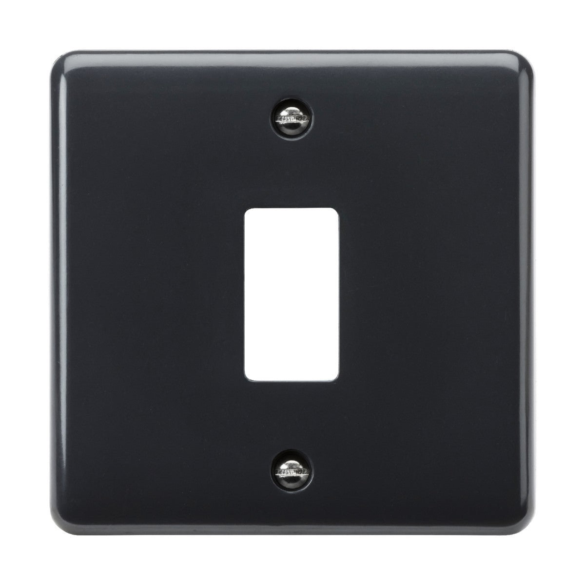 A black 1 Gang Grid Faceplate with a curved edge and a central cutout for a single toggle switch. It includes two visible screws, one at the top and one at the bottom, securing it in place. Designed to meet British Safety standards, this faceplate offers both style and safety as part of the Part M compliant range.