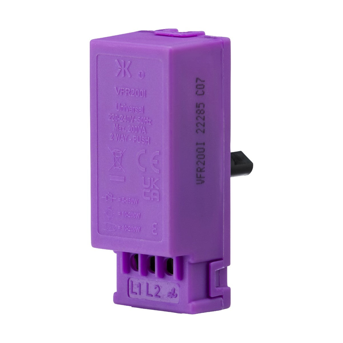 A rectangular purple electrical switch, featuring specifications like VFR2001 and Max 200W, includes a small protruding lever on one side and comes with the 10-200W (5-150W LED) 2-Way Intelligent Dimmer Module for versatile lighting control.