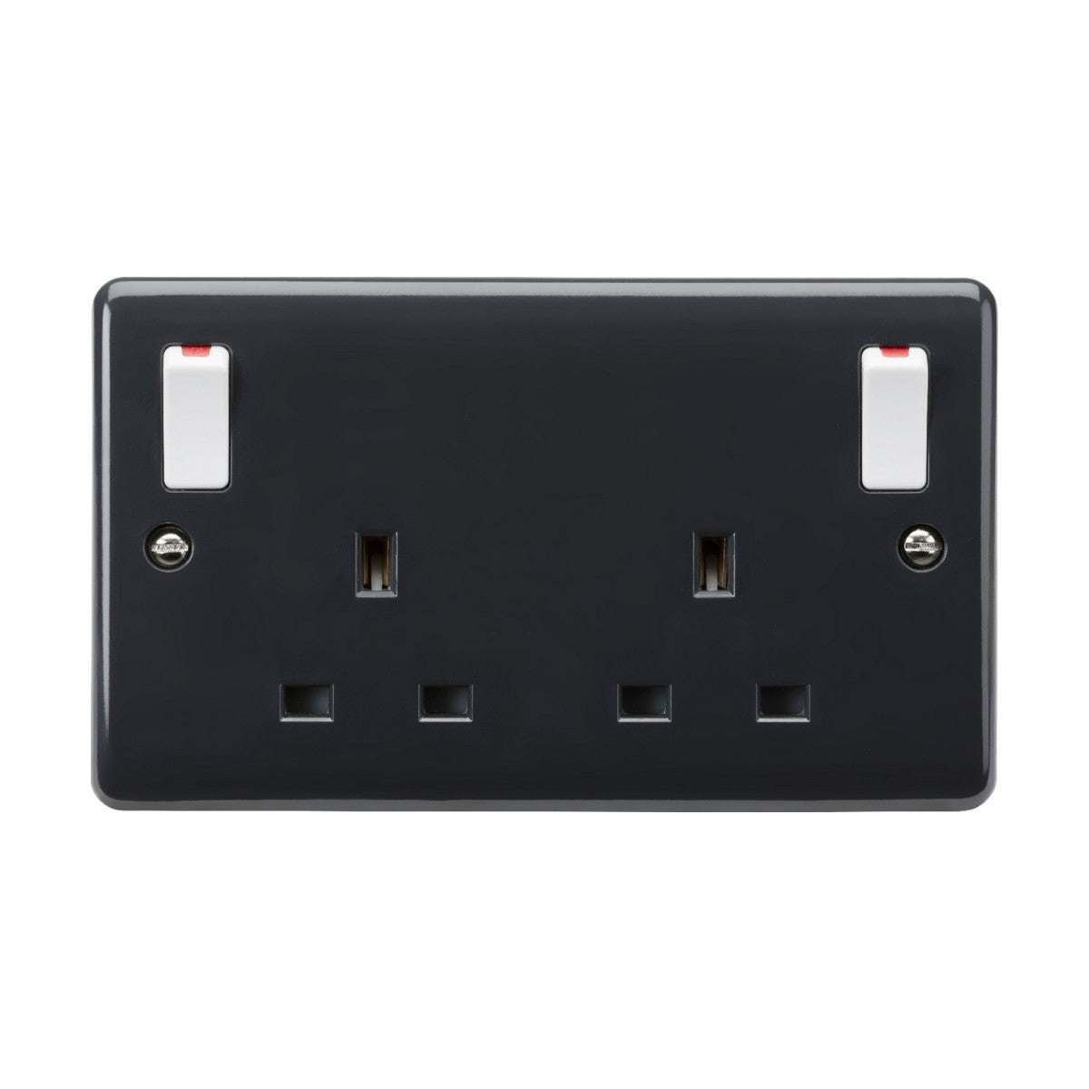 A black 13A double gang DP switched socket with twin earths and outboard rockers from the Curved Edge range, featuring red switch indicators and anti-microbial properties. It comes with two switch options and three-hole plug outlets, all elegantly mounted on a white background.