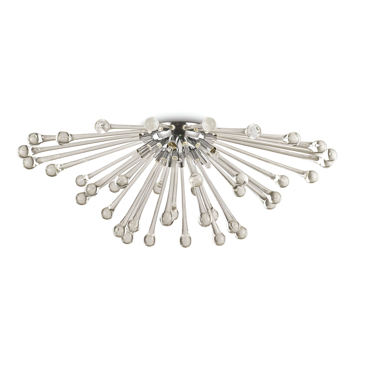 The Wander 5 Light Ceiling & Wall Light - Chrome is a contemporary fixture featuring multiple glass rods radiating outward, each terminating in a spherical bulb. Evoking the appearance of a light explosion, this chrome lighting piece seamlessly combines modern and artistic aesthetics, making it ideal for contemporary interiors. Mounted on a white ceiling, it adds an elegant touch to any space.