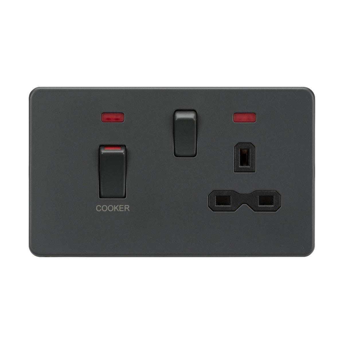 The 45A DP Switch & 13A Socket Neons - Anthracite features a sleek anthracite finish that enhances this black wall socket. It includes a 45A switch, two switches with one conveniently labeled as the COOKER control unit, and a three-pin outlet. Additionally, it comes with two small red indicators above the switches for added functionality and style.