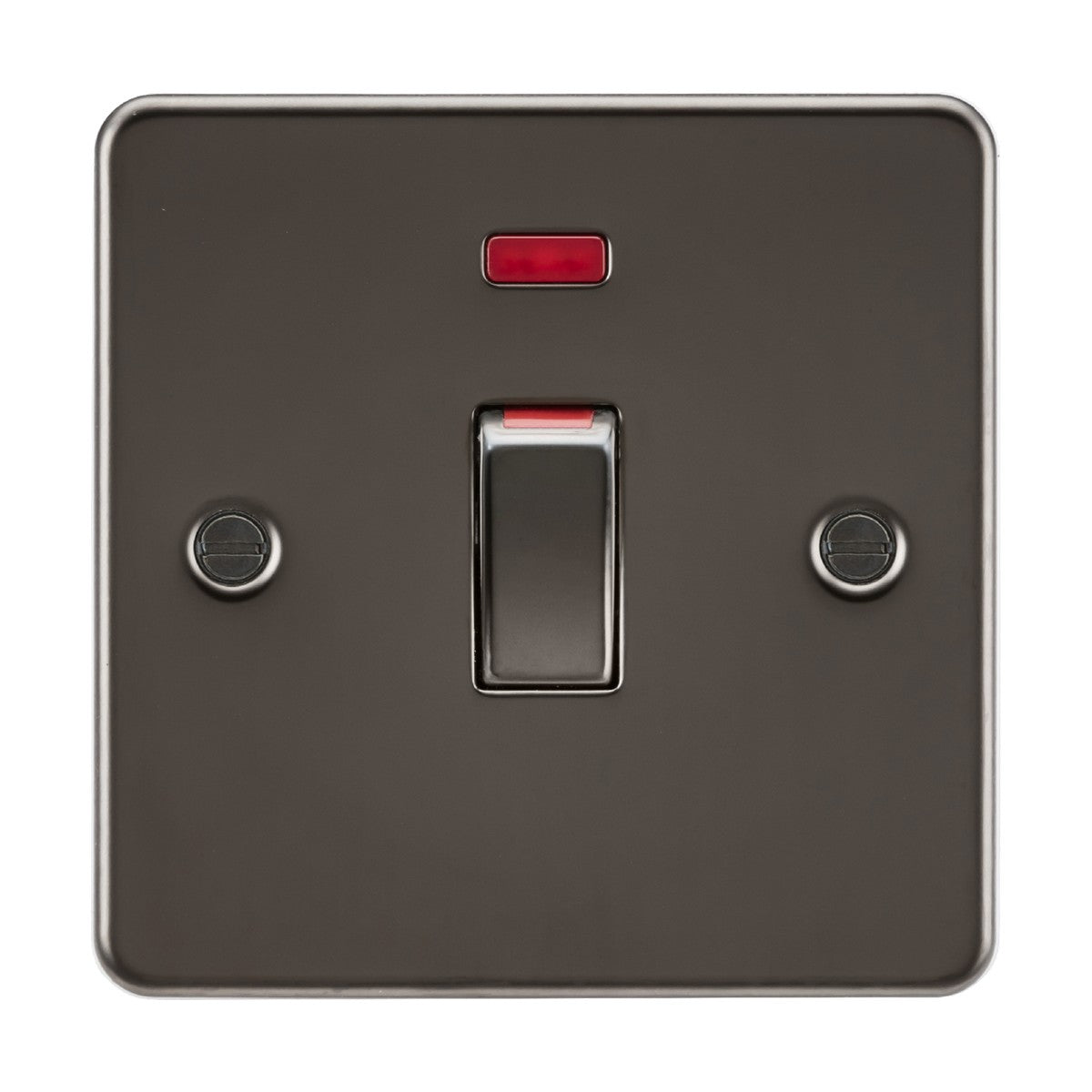 The 45A DP Switch Neon (1 Gang Size) in gunmetal boasts an ultra low profile design with a single toggle switch. A red indicator light positioned above the switch enhances visibility, while two screw holes on each side ensure it is securely mounted.