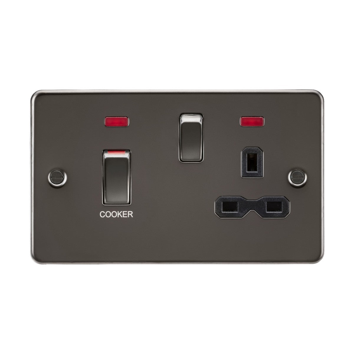 The Gunmetal 45A DP Switch & 13A Socket Neons with a black insert boasts a sleek metallic gray design, featuring a COOKER-labeled 45A switch with a red indicator light above. It combines cooker control units and a standard 13A UK plug socket on the right for both functionality and style.
