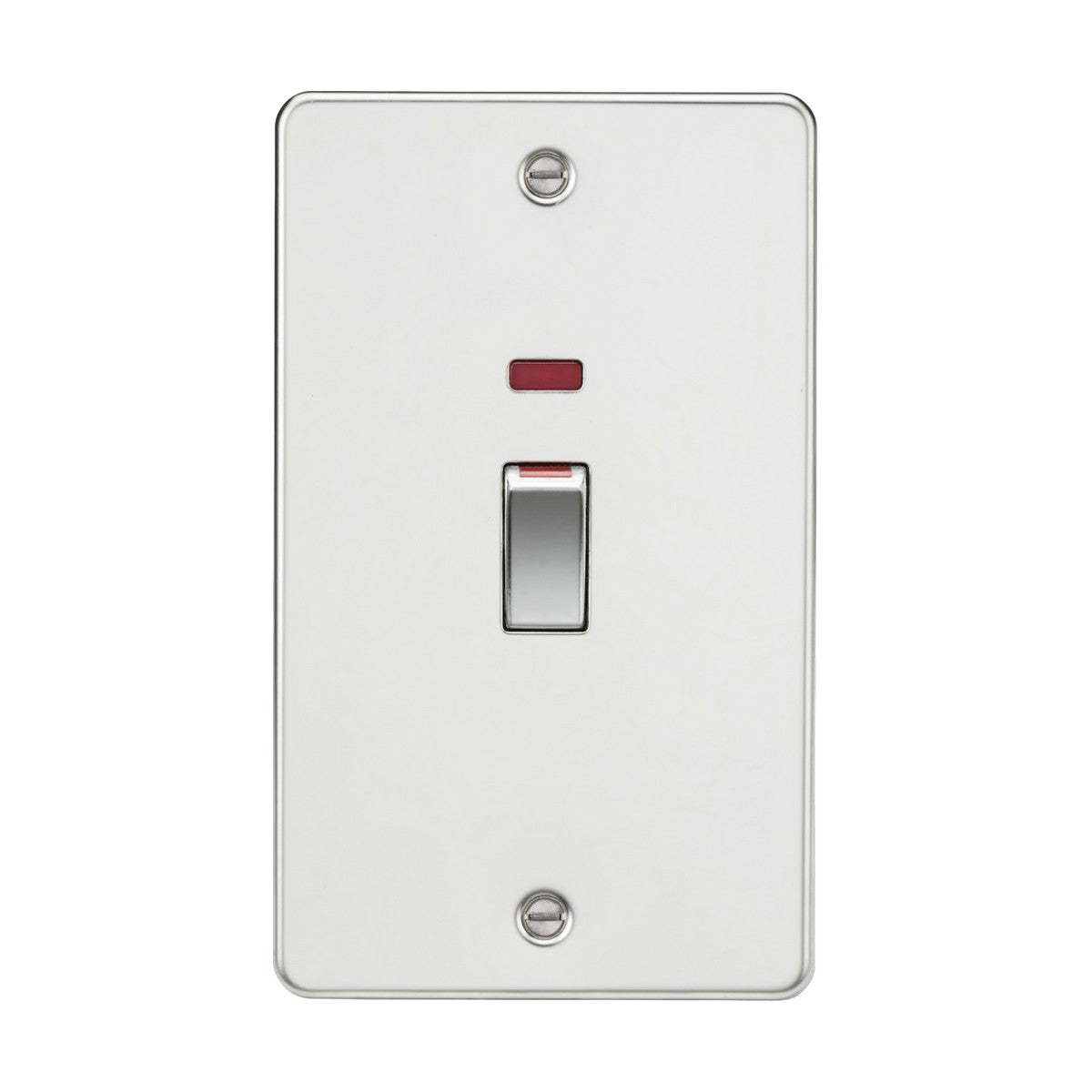 A 45A Double Pole Switch with a neon indicator light, featuring a polished chrome toggle set on a flat white rectangular plate, complete with two visible screws for mounting. This switch is designed for safety and style, resembling cooker control units in its appearance.