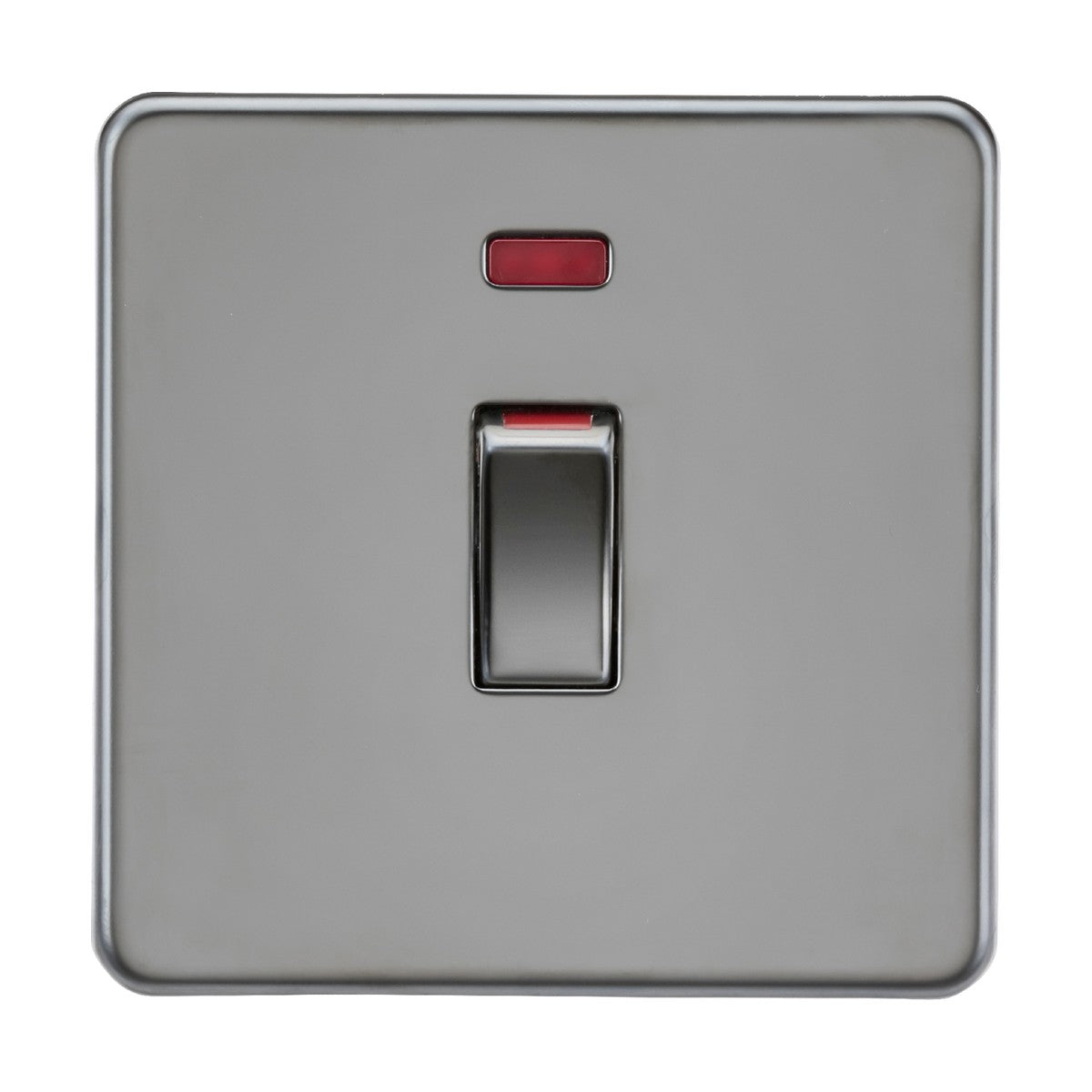 Introducing the 45A DP Switch Neon (1 Gang Size) in Black Nickel—a sleek and elegant solution featuring a stainless steel rocker switch with a small red indicator light set against a luxurious black nickel finish. The switch is perfectly centered on a square metallic plate with rounded edges, making it an ideal choice for those seeking refined double pole functionality.