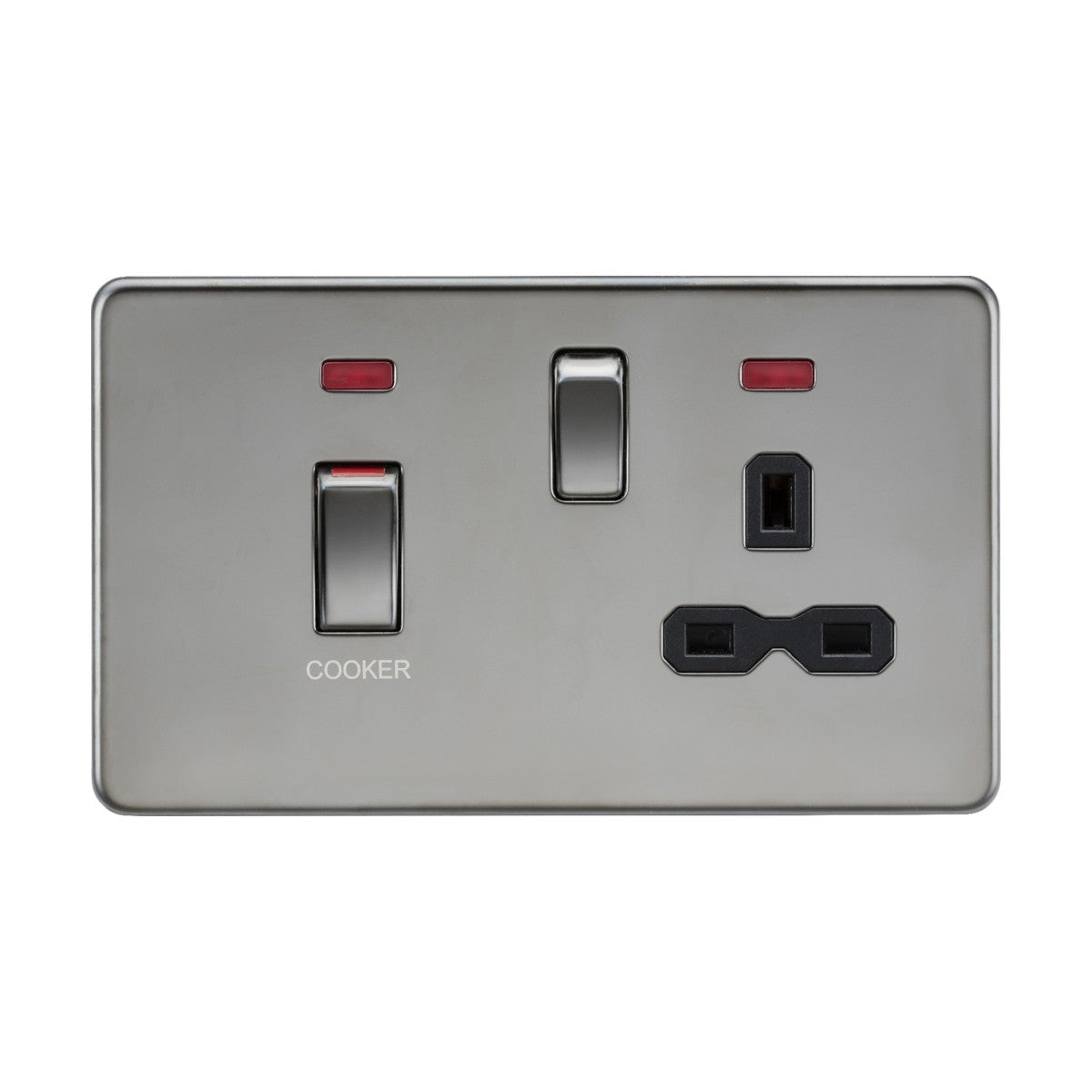 Introducing the 45A DP Switch & 13A Socket Neons in a sleek Black Nickel finish with black inserts, featuring a sophisticated double power socket and switch panel. It includes one electrical outlet, durable cooker control units with a robust 45A switch, and vibrant red indicator lights.
