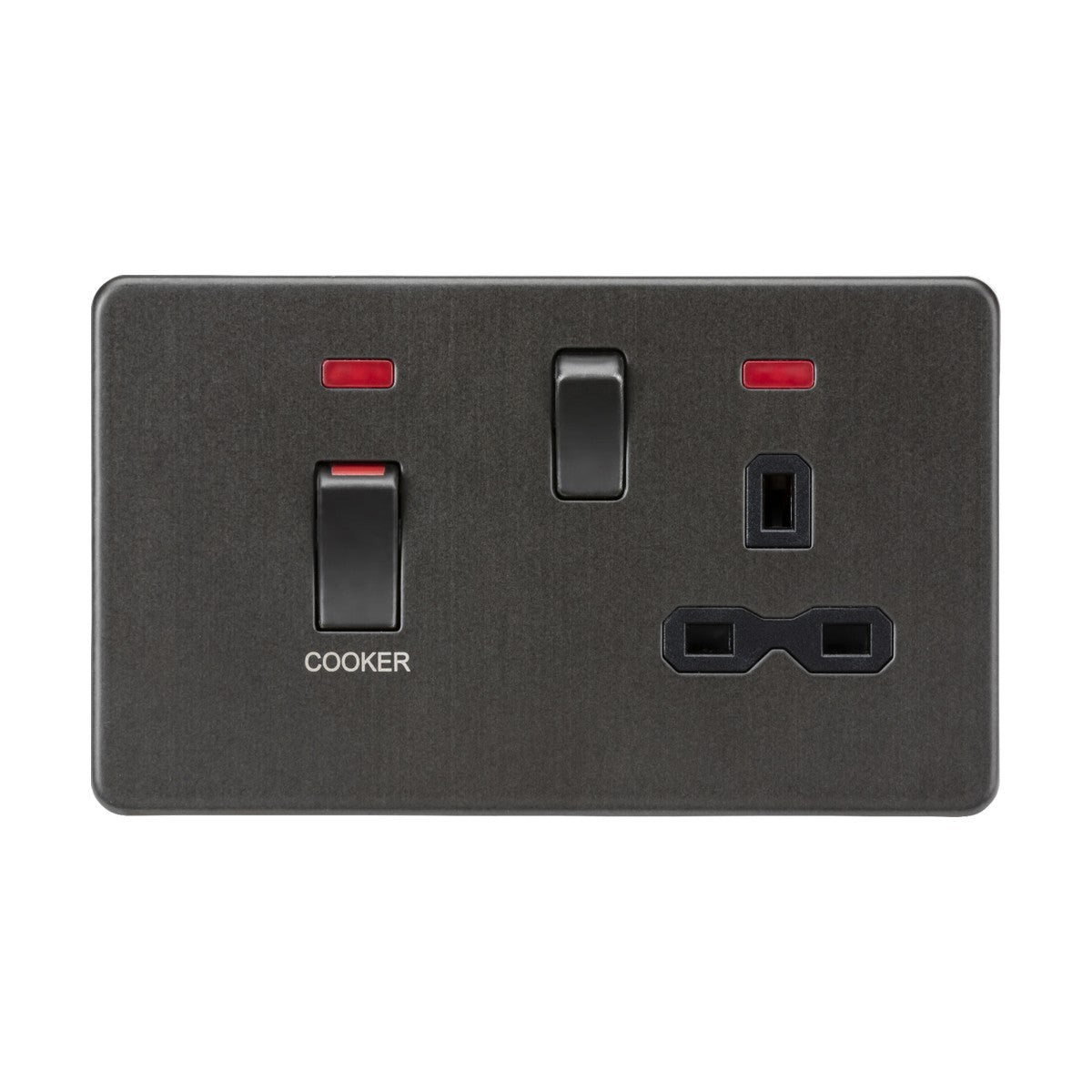 Introducing the 45A DP Switch & 13A Neon Socket in a sleek smoked bronze finish, featuring a black insert. This elegant switch includes red indicator lights and a clearly labeled COOKER switch with a robust 45A capacity. The socket accommodates two power plugs with both vertical and horizontal prong configurations, housed in a sophisticated screwless design for seamless installation.