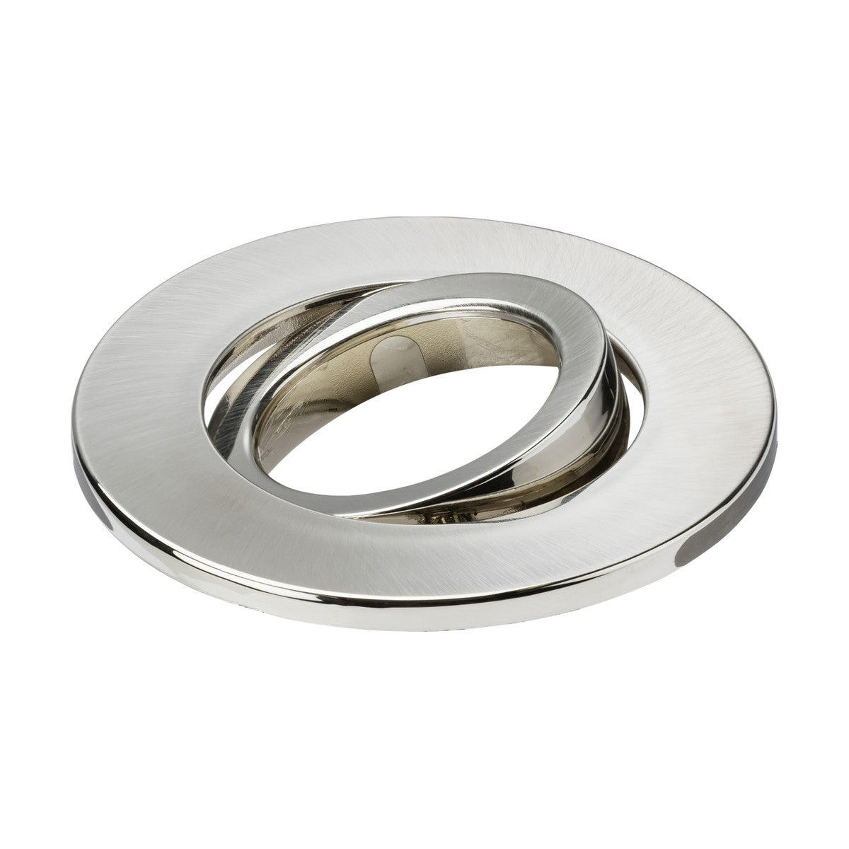 Introducing the Tilt Bezel For SpektroLED in Brushed Chrome—a sleek, circular accessory featuring a smooth, brushed finish and an off-center opening with an overlapping design. The clean, polished inner and outer edges highlight its contemporary style.