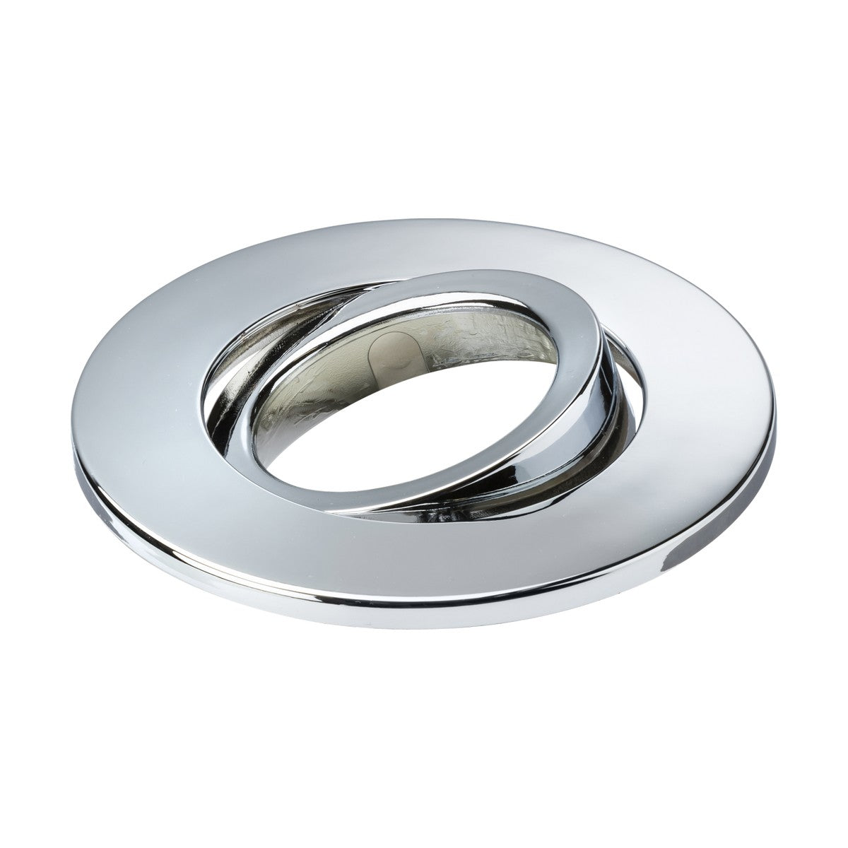 A polished chrome, oval-shaped object featuring a concentric design with a smaller, raised oval inside the larger one. Its sleek and modern appearance is similar to the Tilt Bezel For SpektroLED - Polished Chrome, and it offers durability with its polycarbonate finish.