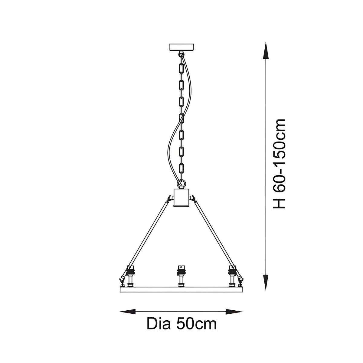 Dimension diagram of the Endon Bevford 3 Light Pendant showing 50cm diameter and adjustable 60–150cm height on a white background.