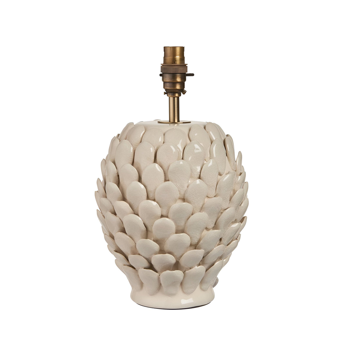 Caldford Small Table Lamp base in cream ceramic with handmade leaf-shaped detailing and an antique brass B22 lamp holder, shown on a plain white background.