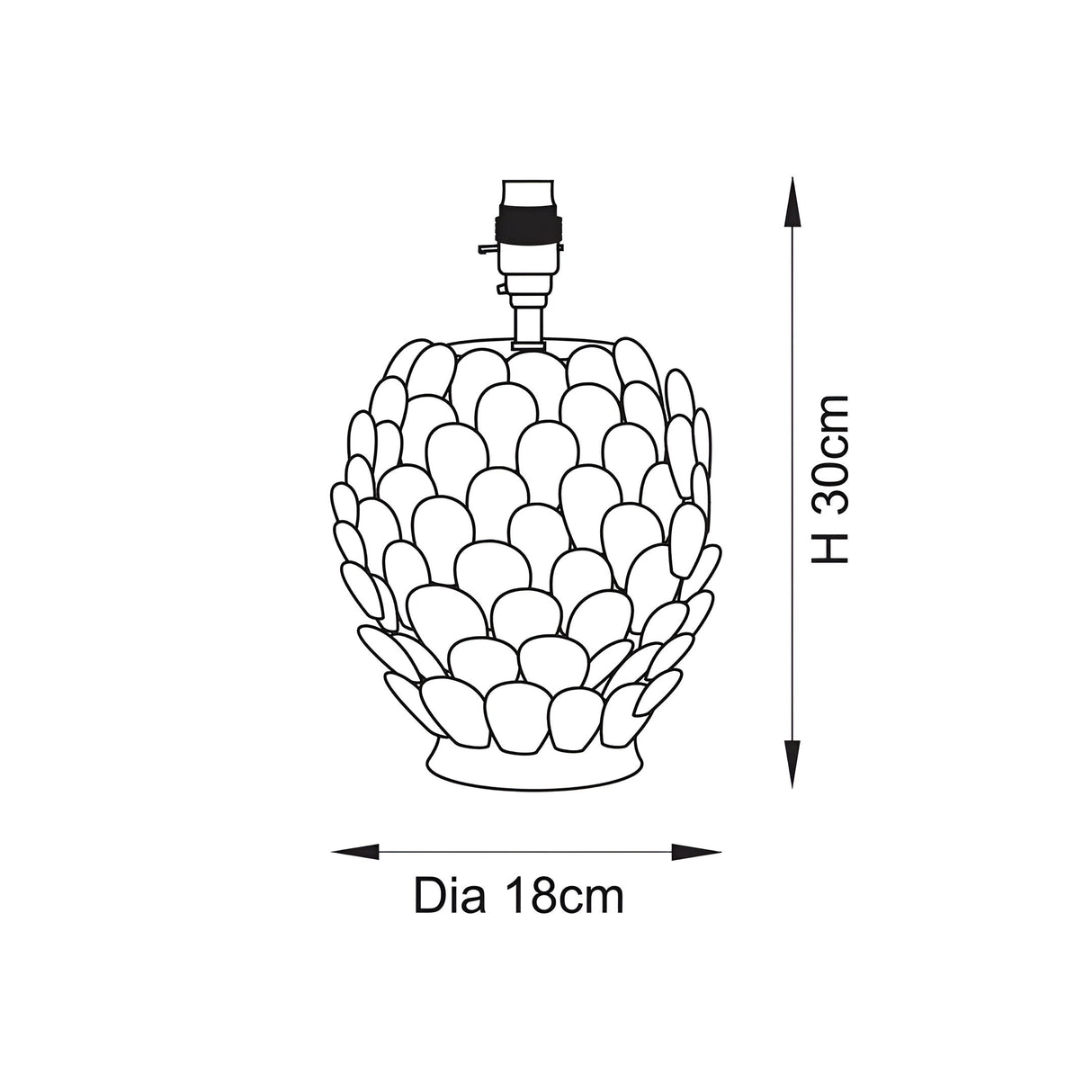 Line drawing of the Caldford Small Table Lamp base in cream, showing leaf-textured ceramic body, brass B22 lamp holder, with H 30cm and Dia 18cm dimensions.