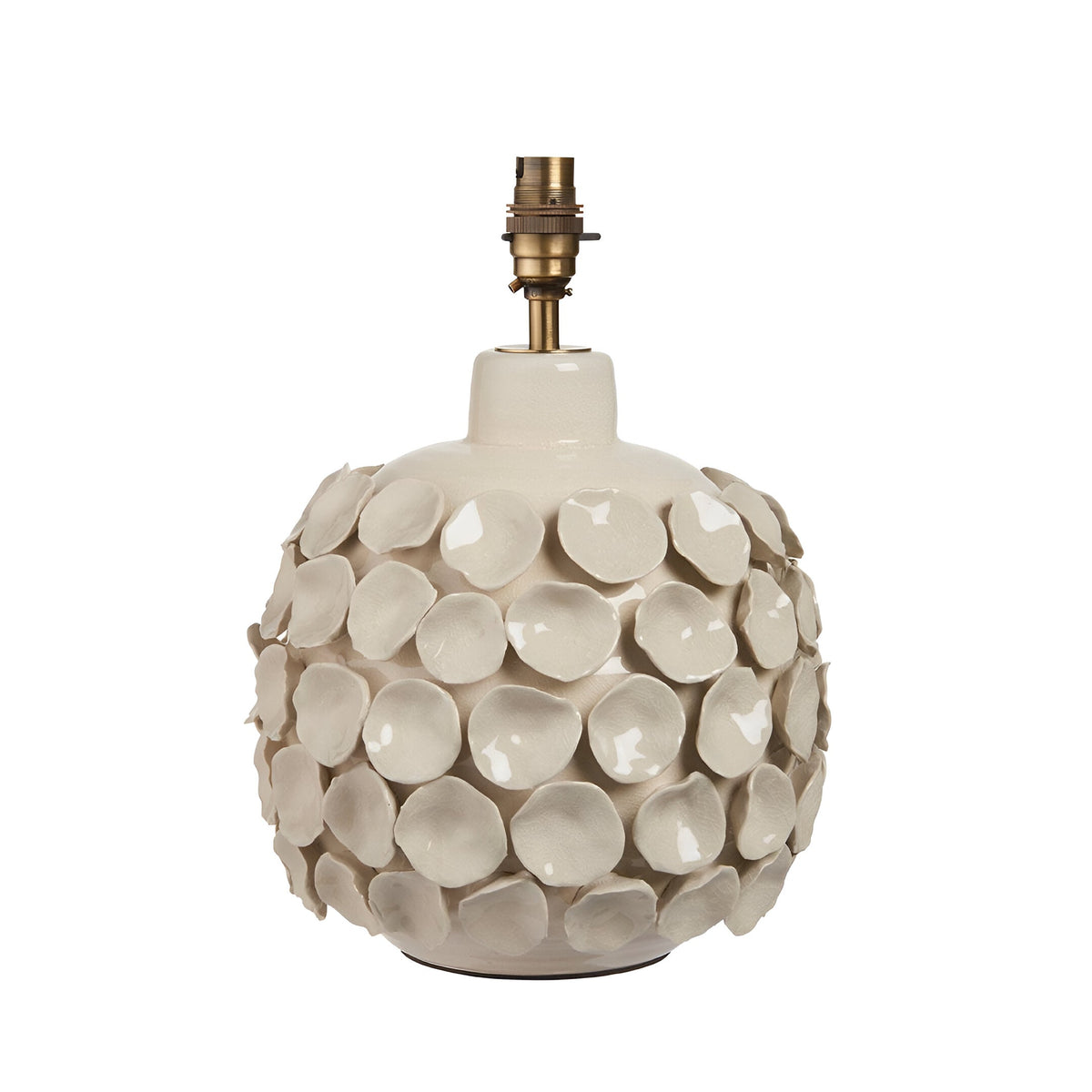 Endon Ashbury table lamp base in cream ceramic with sculpted petal texture and aged brass B22 lamp holder, shown on a plain white background.