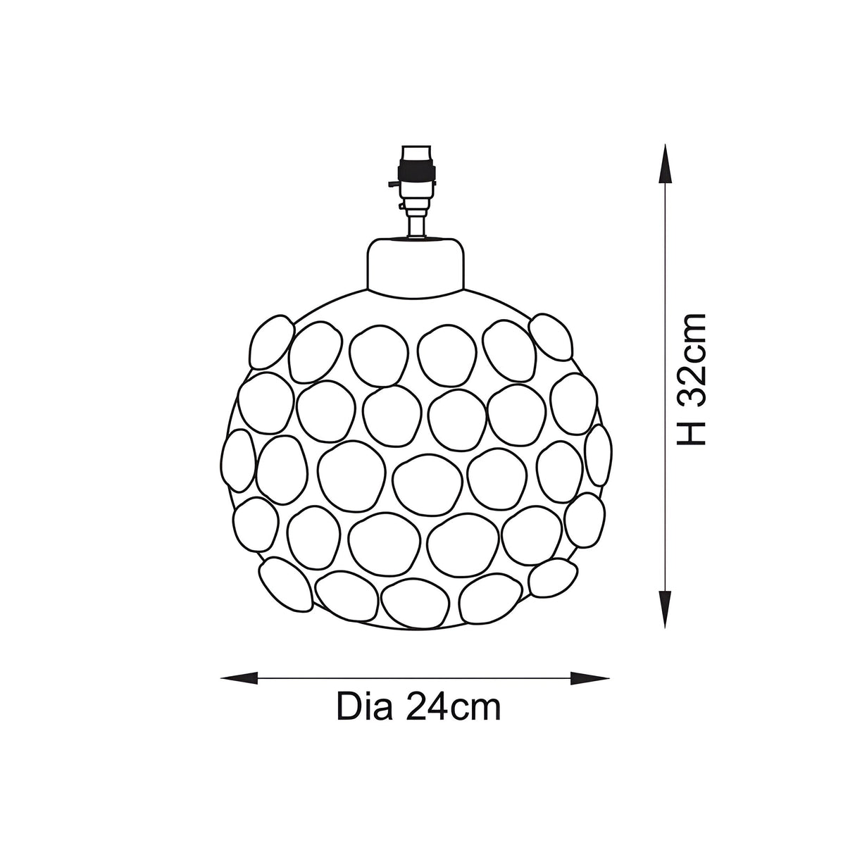 Dimension diagram of the Endon Ashbury table lamp base showing 32cm height and 24cm diameter, with a spherical pebble-textured ceramic body.